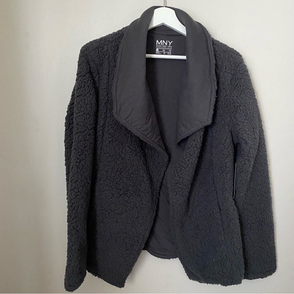 Marc New York Jacket Sherpa Open Front Gray Pockets Performance Cozy Casual
